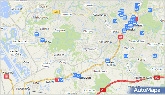 mapa Czyżowice gmina Gorzyce, Czyżowice gmina Gorzyce na mapie Targeo