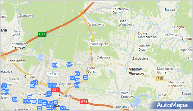 mapa Dąbrowa gmina Masłów, Dąbrowa gmina Masłów na mapie Targeo