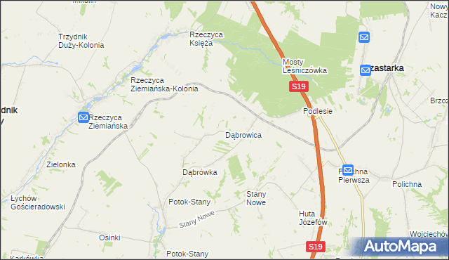 mapa Dąbrowica gmina Potok Wielki, Dąbrowica gmina Potok Wielki na mapie Targeo