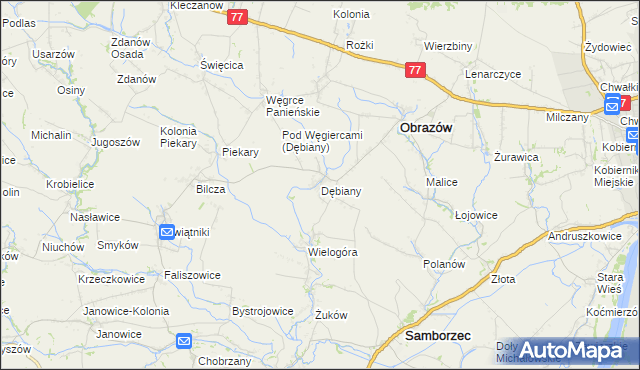 mapa Dębiany gmina Obrazów, Dębiany gmina Obrazów na mapie Targeo