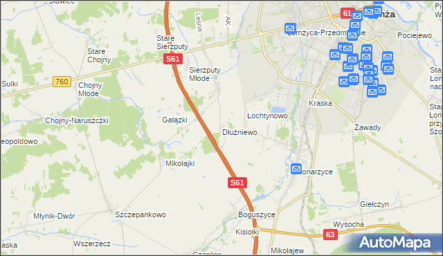 mapa Dłużniewo gmina Łomża, Dłużniewo gmina Łomża na mapie Targeo