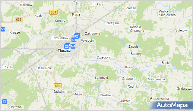 mapa Dzięcioły gmina Tłuszcz, Dzięcioły gmina Tłuszcz na mapie Targeo