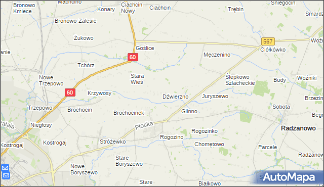 mapa Dźwierzno gmina Radzanowo, Dźwierzno gmina Radzanowo na mapie Targeo