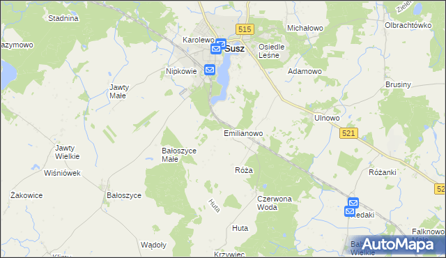 mapa Emilianowo gmina Susz, Emilianowo gmina Susz na mapie Targeo