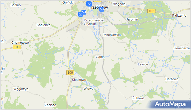 mapa Gąbin gmina Trzebiatów, Gąbin gmina Trzebiatów na mapie Targeo