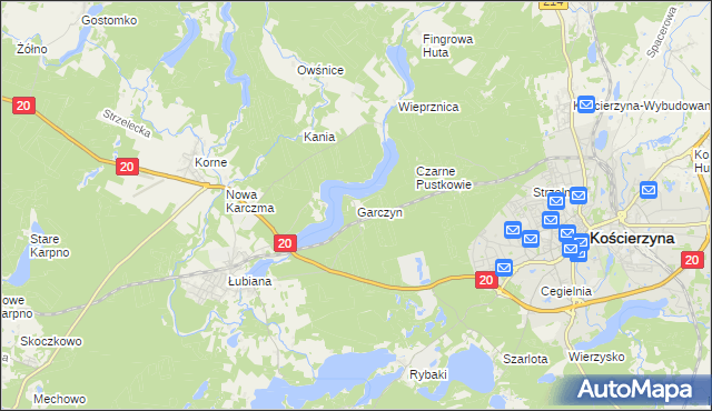 mapa Garczyn gmina Kościerzyna, Garczyn gmina Kościerzyna na mapie Targeo