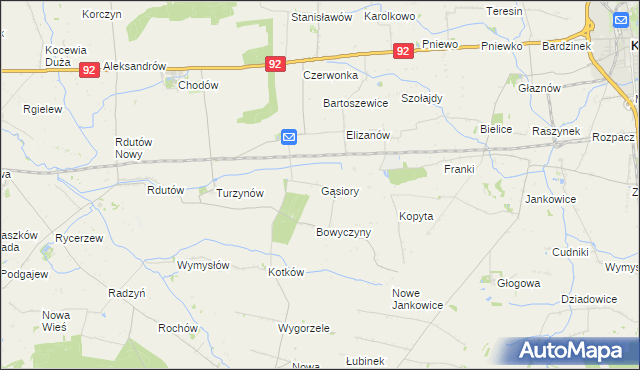 mapa Gąsiory gmina Chodów, Gąsiory gmina Chodów na mapie Targeo