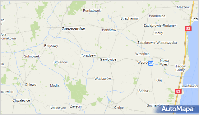 mapa Gawłowice gmina Goszczanów, Gawłowice gmina Goszczanów na mapie Targeo