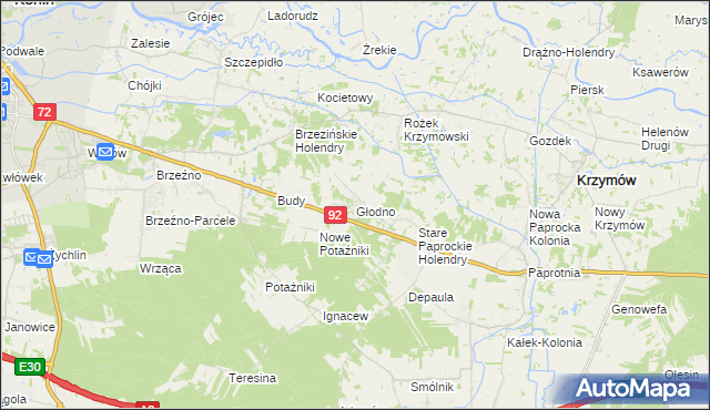 mapa Głodno gmina Krzymów, Głodno gmina Krzymów na mapie Targeo