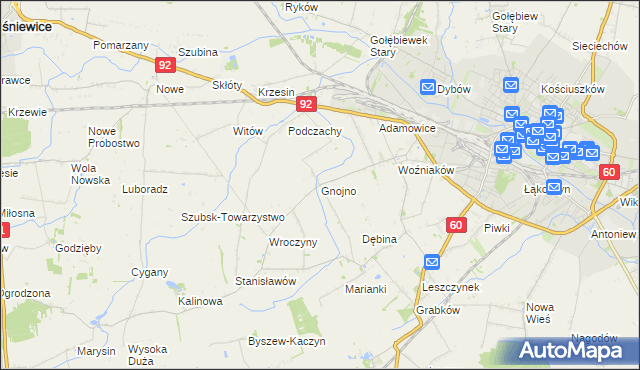 mapa Gnojno gmina Kutno, Gnojno gmina Kutno na mapie Targeo