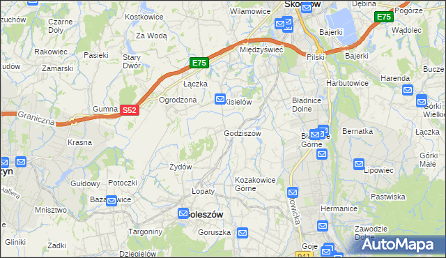 mapa Godziszów gmina Goleszów, Godziszów gmina Goleszów na mapie Targeo