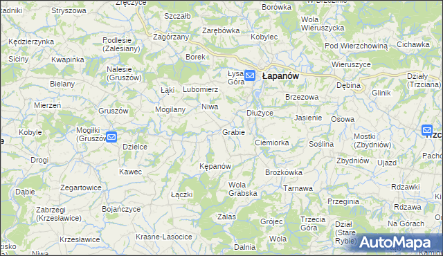 mapa Grabie gmina Łapanów, Grabie gmina Łapanów na mapie Targeo