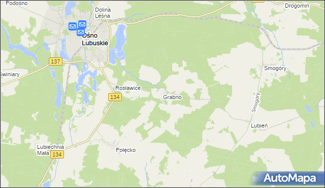 mapa Grabno gmina Ośno Lubuskie, Grabno gmina Ośno Lubuskie na mapie Targeo