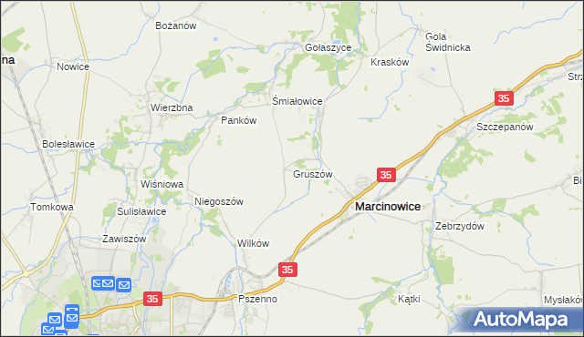 mapa Gruszów gmina Marcinowice, Gruszów gmina Marcinowice na mapie Targeo