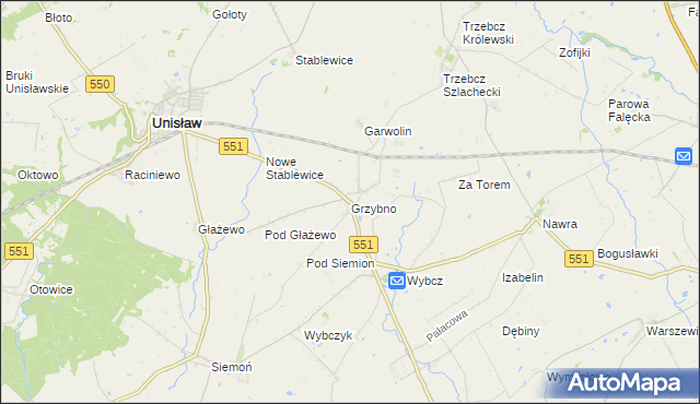 mapa Grzybno gmina Unisław, Grzybno gmina Unisław na mapie Targeo