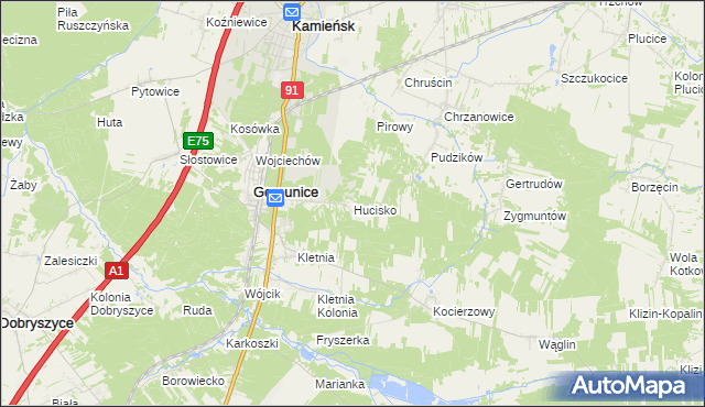 mapa Hucisko gmina Gomunice, Hucisko gmina Gomunice na mapie Targeo