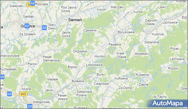 mapa Hucisko gmina Stryszawa, Hucisko gmina Stryszawa na mapie Targeo