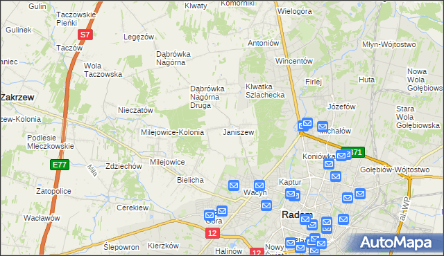 mapa Janiszew gmina Zakrzew, Janiszew gmina Zakrzew na mapie Targeo