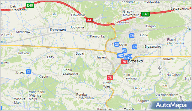 mapa Jasień gmina Brzesko, Jasień gmina Brzesko na mapie Targeo