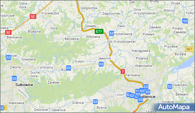 mapa Jawornik gmina Myślenice, Jawornik gmina Myślenice na mapie Targeo