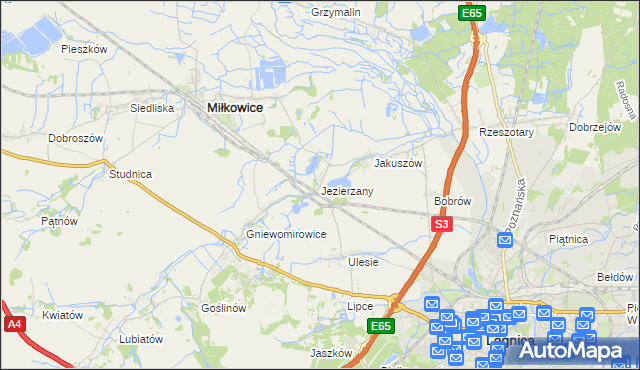 mapa Jezierzany gmina Miłkowice, Jezierzany gmina Miłkowice na mapie Targeo