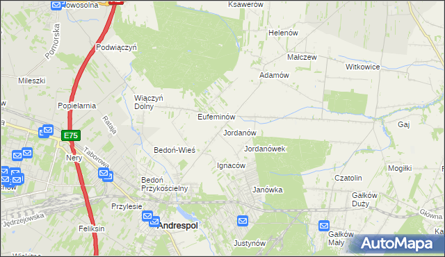 mapa Jordanów gmina Brzeziny, Jordanów gmina Brzeziny na mapie Targeo