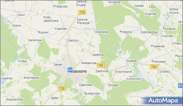 mapa Józefina gmina Łopuszno, Józefina gmina Łopuszno na mapie Targeo