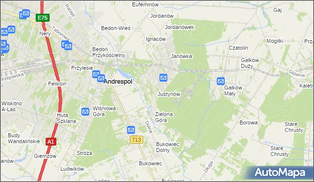 mapa Justynów gmina Andrespol, Justynów gmina Andrespol na mapie Targeo