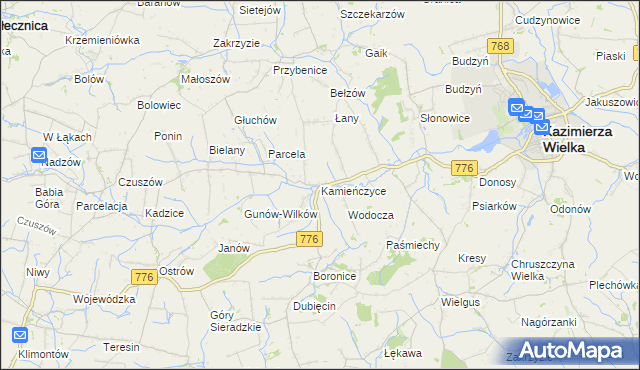 mapa Kamieńczyce gmina Kazimierza Wielka, Kamieńczyce gmina Kazimierza Wielka na mapie Targeo