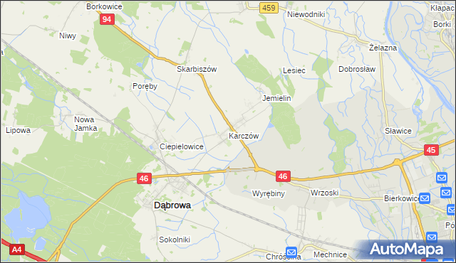 mapa Karczów gmina Dąbrowa, Karczów gmina Dąbrowa na mapie Targeo