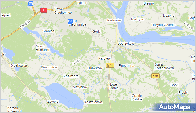mapa Karolew gmina Gąbin, Karolew gmina Gąbin na mapie Targeo