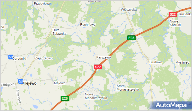 mapa Karszewo gmina Młynary, Karszewo gmina Młynary na mapie Targeo