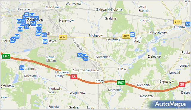 mapa Karsznice gmina Zduńska Wola, Karsznice gmina Zduńska Wola na mapie Targeo