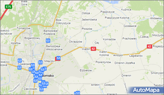 mapa Kietlin gmina Radomsko, Kietlin gmina Radomsko na mapie Targeo