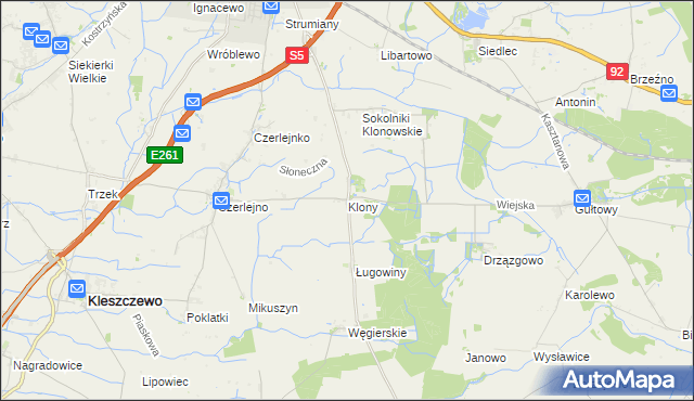 mapa Klony gmina Kostrzyn, Klony gmina Kostrzyn na mapie Targeo