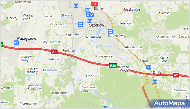 mapa Kowalewice gmina Parzęczew, Kowalewice gmina Parzęczew na mapie Targeo