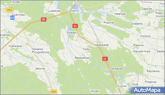 mapa Kozły gmina Ostrzeszów, Kozły gmina Ostrzeszów na mapie Targeo