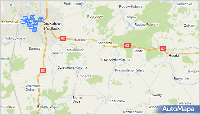 mapa Krasnodęby-Kasmy, Krasnodęby-Kasmy na mapie Targeo