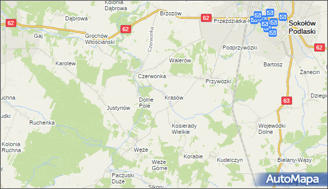 mapa Krasów gmina Sokołów Podlaski, Krasów gmina Sokołów Podlaski na mapie Targeo