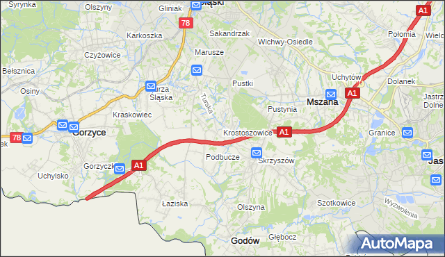 mapa Krostoszowice, Krostoszowice na mapie Targeo