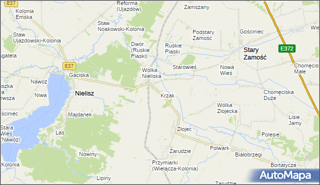 mapa Krzak gmina Nielisz, Krzak gmina Nielisz na mapie Targeo