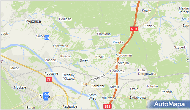 mapa Krzaki gmina Pysznica, Krzaki gmina Pysznica na mapie Targeo