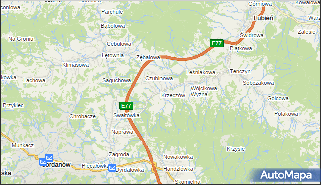 mapa Krzeczów gmina Lubień, Krzeczów gmina Lubień na mapie Targeo