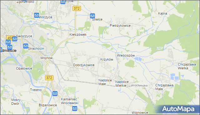 mapa Krzyków gmina Czernica, Krzyków gmina Czernica na mapie Targeo