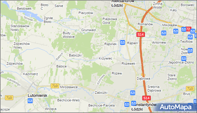 mapa Krzywiec gmina Aleksandrów Łódzki, Krzywiec gmina Aleksandrów Łódzki na mapie Targeo