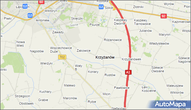 mapa Krzyżanów powiat kutnowski, Krzyżanów powiat kutnowski na mapie Targeo