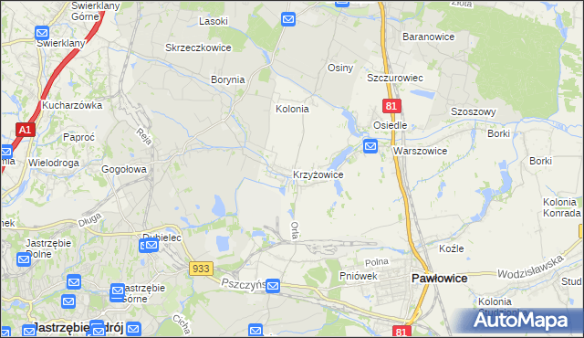 mapa Krzyżowice gmina Pawłowice, Krzyżowice gmina Pawłowice na mapie Targeo