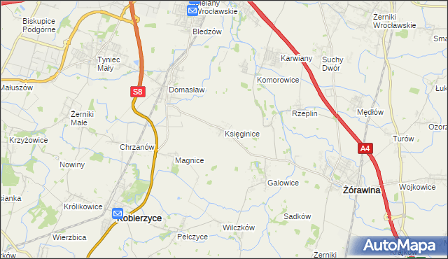 mapa Księginice gmina Kobierzyce, Księginice gmina Kobierzyce na mapie Targeo