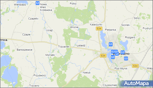mapa Łabędź gmina Ryńsk, Łabędź gmina Ryńsk na mapie Targeo