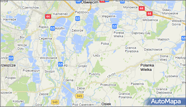mapa Łazy gmina Oświęcim, Łazy gmina Oświęcim na mapie Targeo